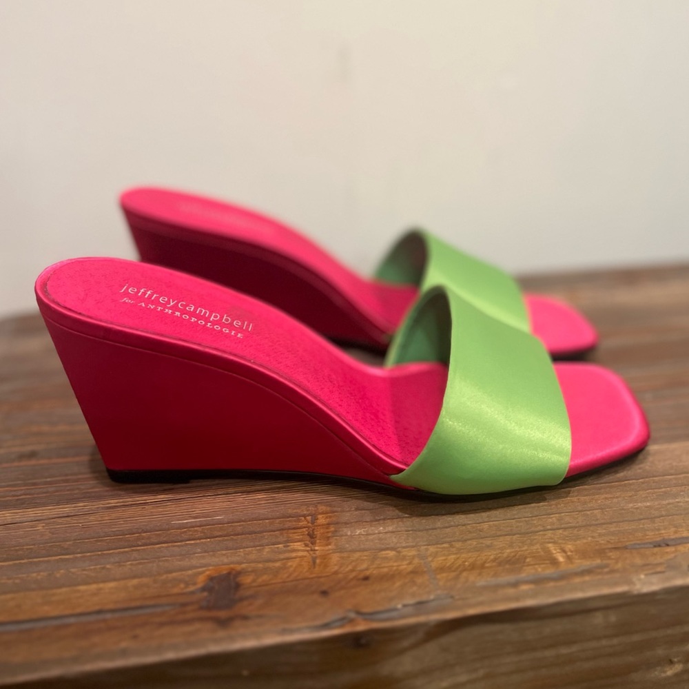 Jeffrey Campbell Wedge Heels in Magenta & Lime Satin